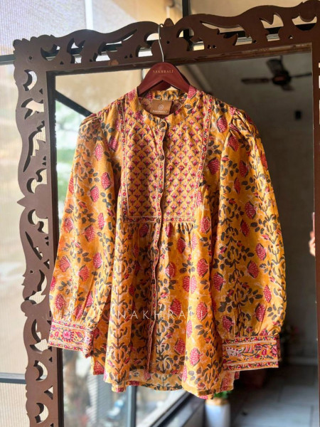 Posy Yellow Cotton Shirt with Pintuck Yoke Print