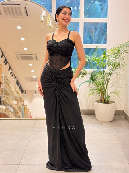Maison Royal Black Crop Top Skirt Set with Cut Dana Work
