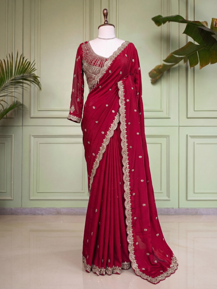 Image of Tavisha Red Saree with Readymade Blouse – Zari Cutwork Border