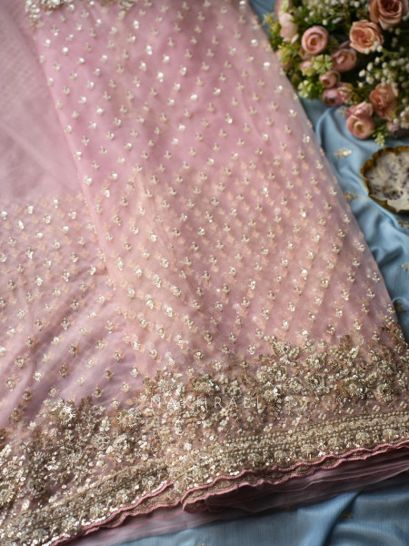 Starlit Pink Net Saree with Cut Dana Bead and Sequin Work