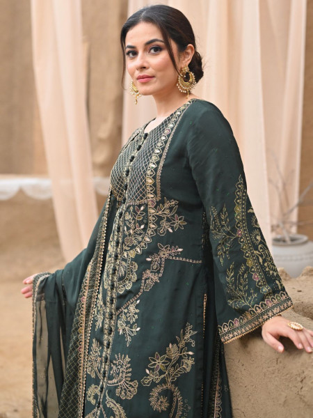 Olive Whisper Green Kurta Palazzo Set with Zari and Gota Patti Work