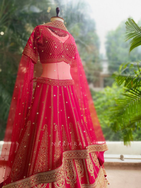 Aarvi Red Raw Silk Bridal Lehenga with Sequin and Zari Work