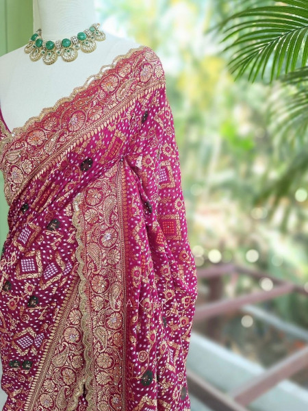 Nayan-noor Magenta Bandhani Saree with Zari Weave