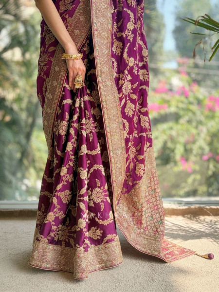 Aurelia Wine Brocade Saree with Floral Weave
