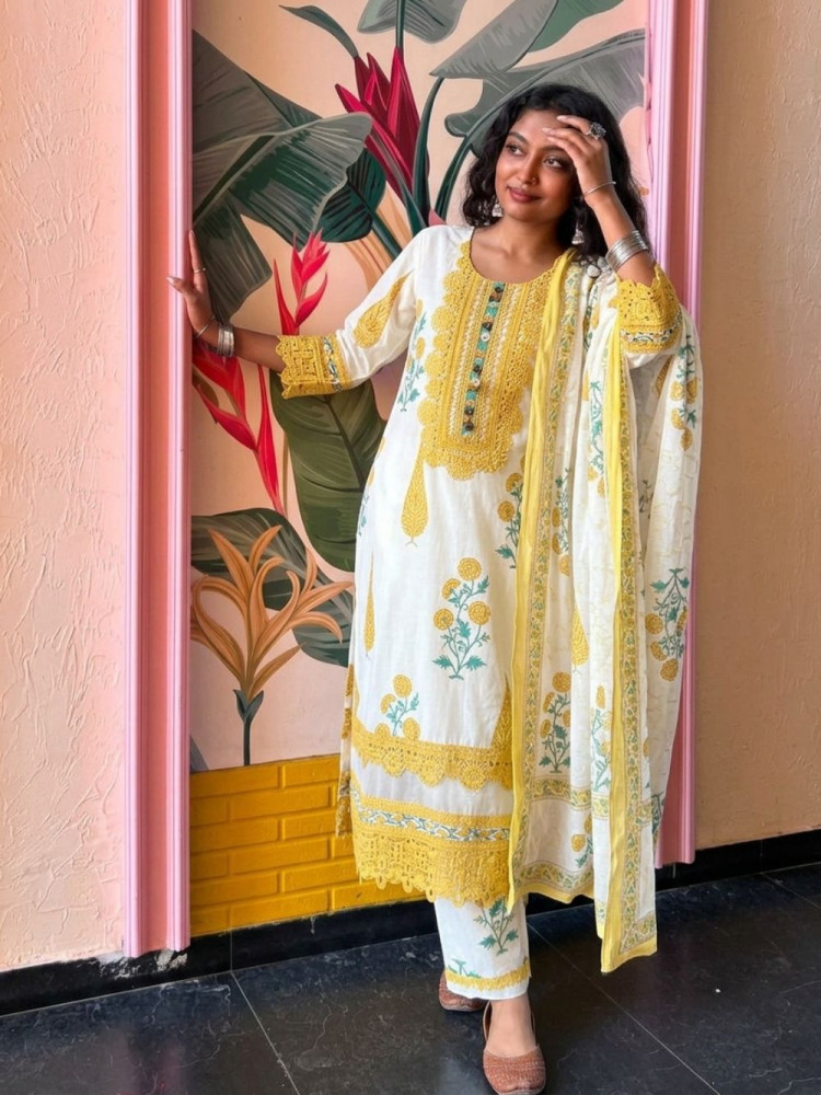 Image of Serene Earth Yellow Crochet Palazzo Suit