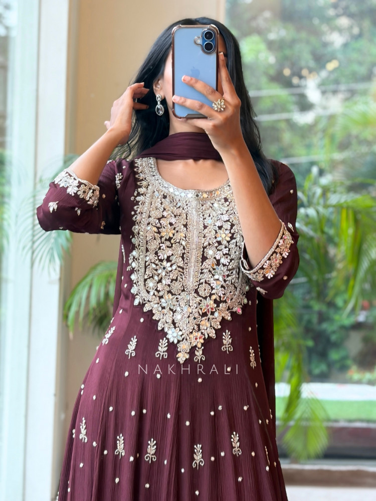 Image of Reem Wine Anarkali Suit Set With Zari Sequin Yoke Work