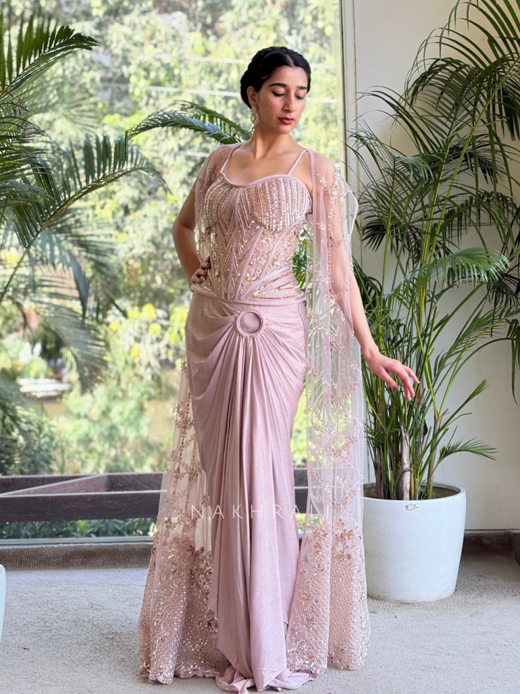 Image of Oryza Pink Indo Western Dhoti Skirt Set with Cut Dana Sequin Work
