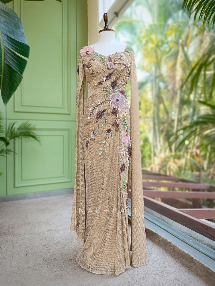 Image of Orlina Beige Sequin Drape Gown