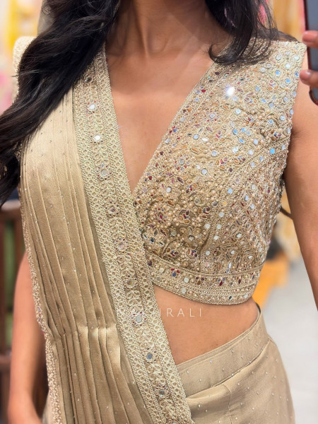 Wryna Beige Drape Saree with Embroidery Mirror Work