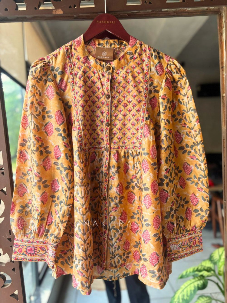 Image of Posy Yellow Cotton Shirt with Pintuck Yoke Print