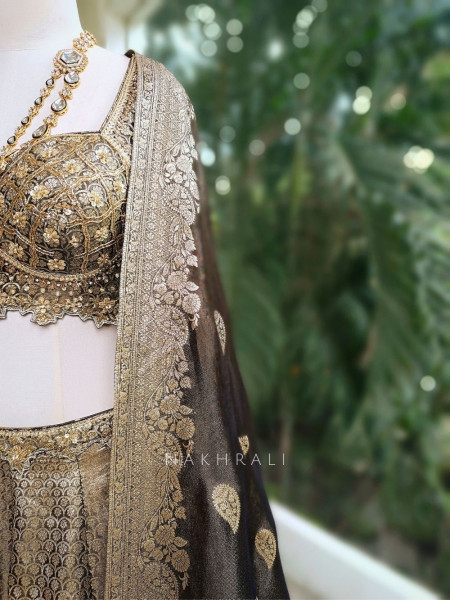 Maharani Brown Banarasi Silk Bridal Lehenga with Zari & Sequin Embroidery