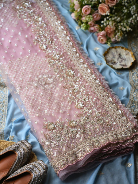 Starlit Pink Net Saree with Cut Dana Bead and Sequin Work