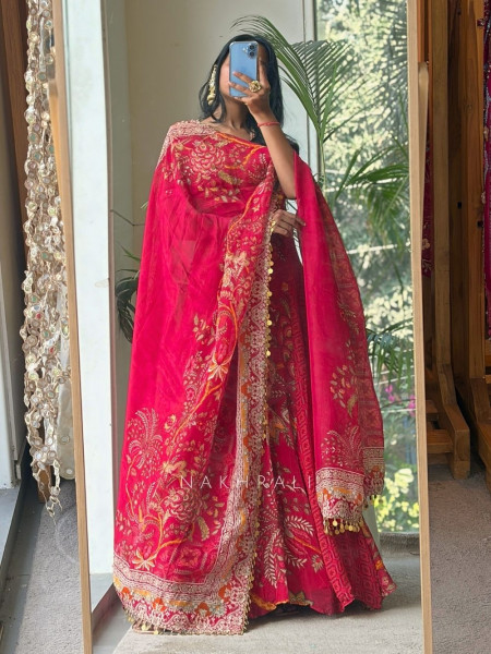 Hoor Red Anarkali Dupatta Set with Mirror & Sequin Work