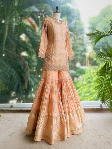 Zyra Peach Gharara Set with Sequin & Zari Embroidery