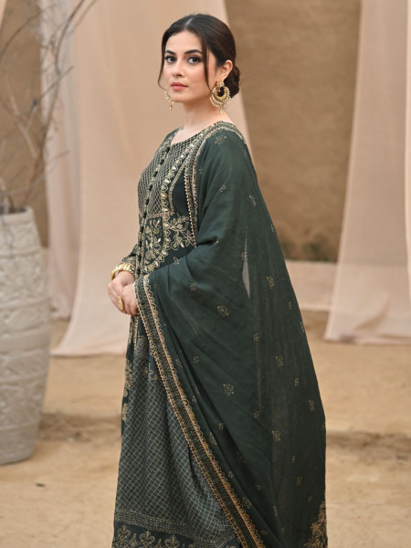 Olive Whisper Green Kurta Palazzo Set with Zari and Gota Patti Work