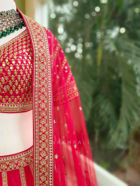 Aarvi Red Raw Silk Bridal Lehenga with Sequin and Zari Work