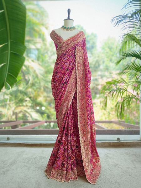 Nayan-noor Magenta Bandhani Saree with Zari Weave