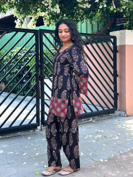 Elvarya Black Cotton Block Print Kurti with Farsi Salwar Set