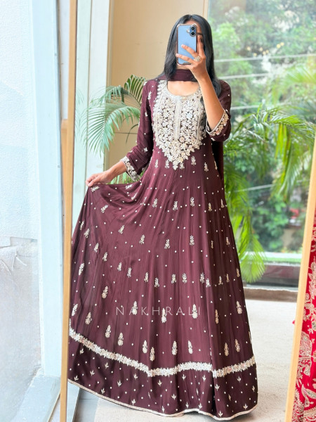 Reem Wine Anarkali Suit Set With Zari Sequin Yoke Work