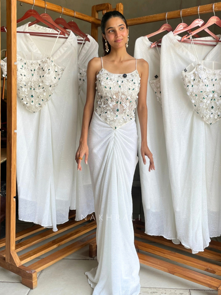 Image of Sitara Veil WhiteMicro-Shimmer Georgette Crop Top Skirt Set