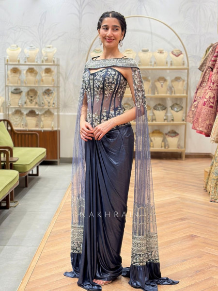 Adorn Blue Indo Western Dhoti Skirt Set with Cut Dana Sequin Work