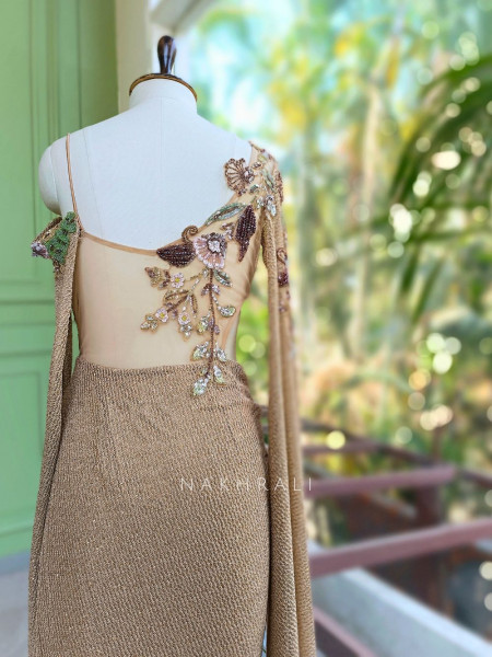 Orlina Beige Sequin Drape Gown