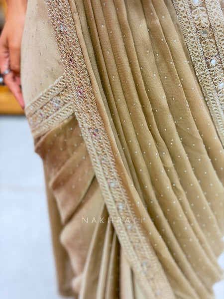 Wryna Beige Drape Saree with Embroidery Mirror Work