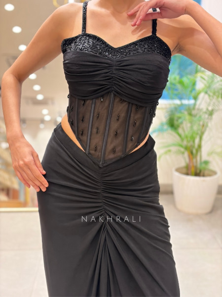 Maison Royal Black Crop Top Skirt Set with Cut Dana Work