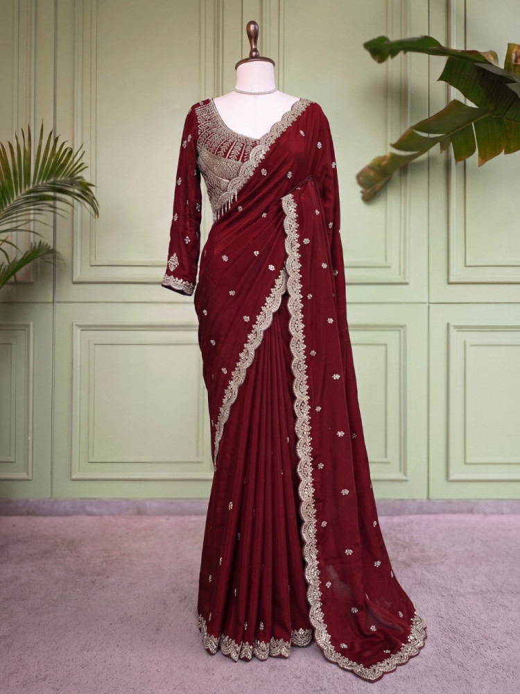 Image of Tavisha Wine Saree with Readymade Blouse – Zari Cutwork Border