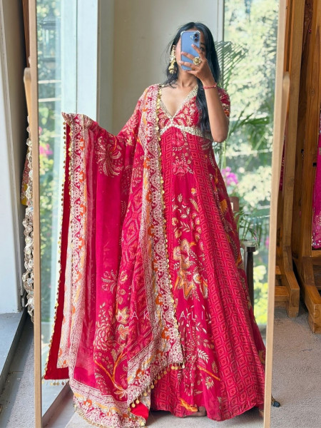 Hoor Red Anarkali Dupatta Set with Mirror & Sequin Work