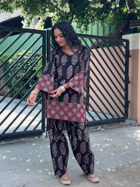 Elvarya Black Cotton Block Print Kurti with Farsi Salwar Set