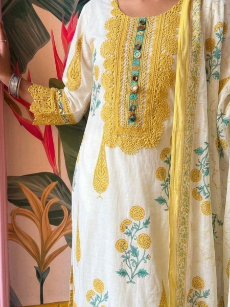 Serene Earth Yellow Crochet Palazzo Suit