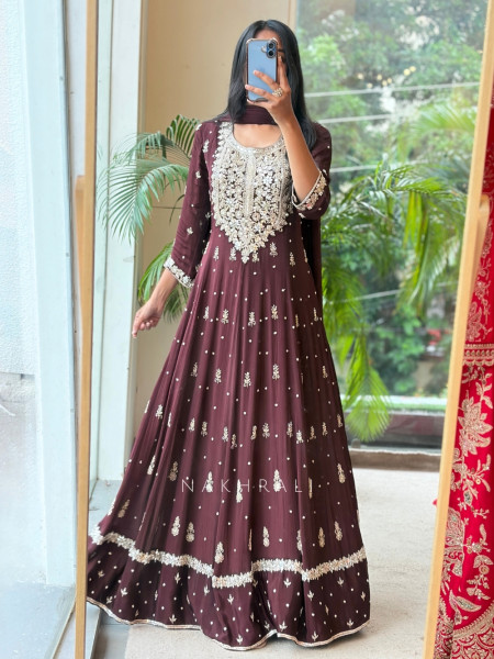 Reem Wine Anarkali Suit Set With Zari Sequin Yoke Work