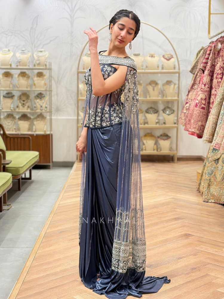 Image of Adorn Blue Indo Western Dhoti Skirt Set with Cut Dana Sequin Work
