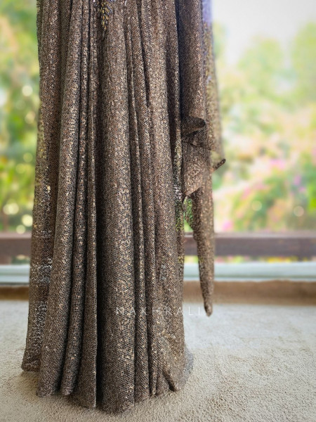 Ilyra Brown Embellished Drape Gown with Cape Detail
