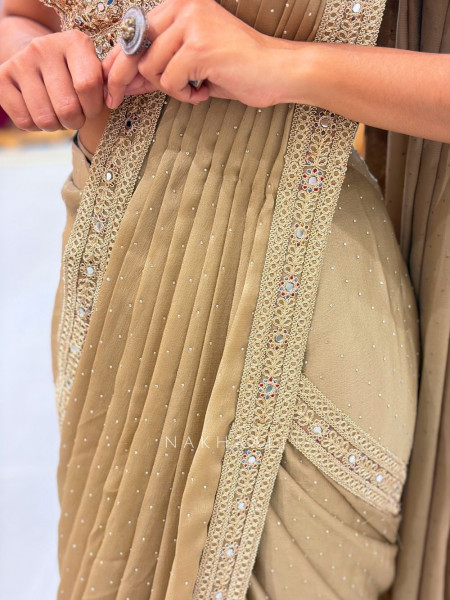 Wryna Beige Drape Saree with Embroidery Mirror Work