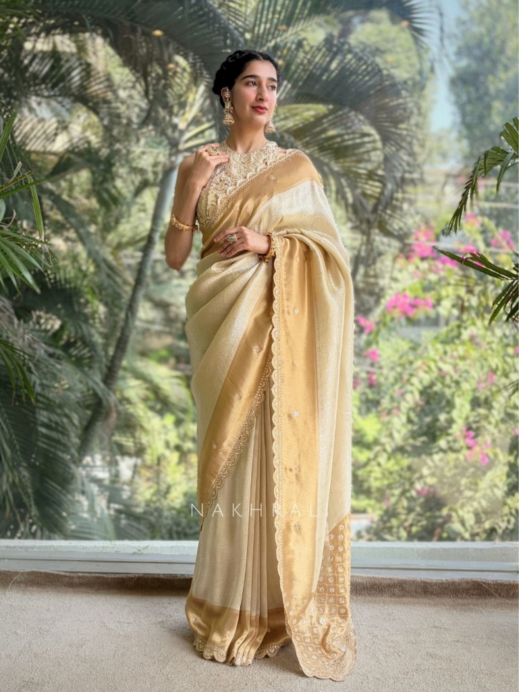 Image of Aarshika Beige Silk Saree with Gota Zari Pallu