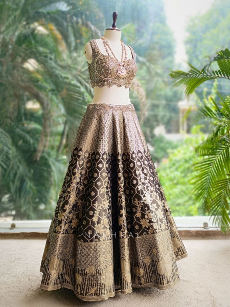 Maharani Brown Banarasi Silk Bridal Lehenga with Zari & Sequin Embroidery