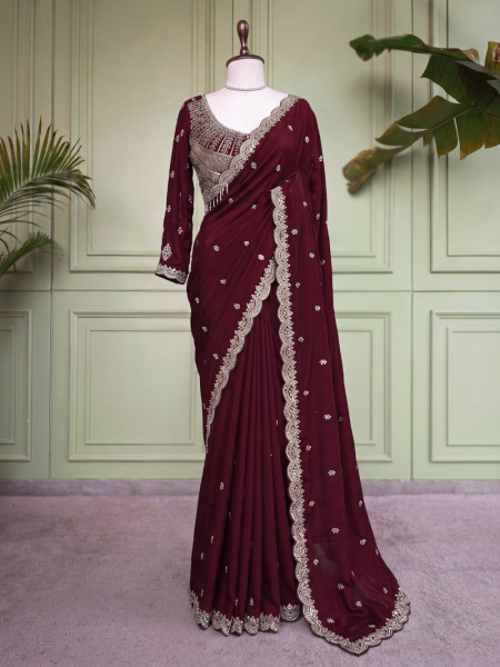 Tavisha Maroon Saree with Readymade Blouse – Zari Cutwork Border