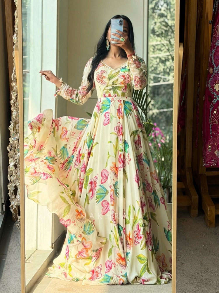 Image of Ivana Ivory Floral Anarkali Set with Embellished Dupatta