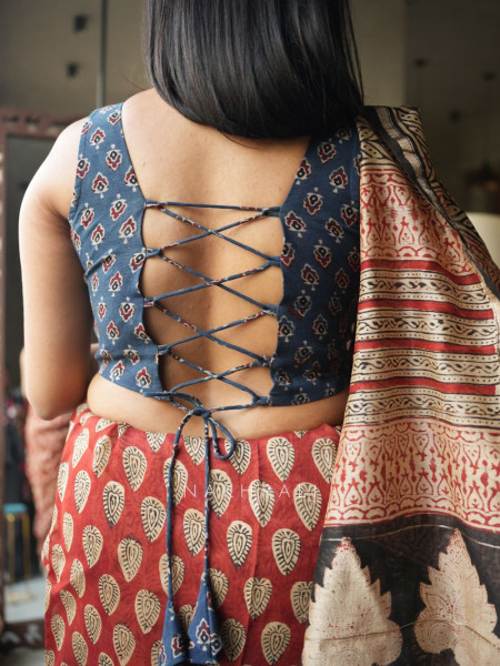 Dori Blue Block Printed Blouse with Dori Back