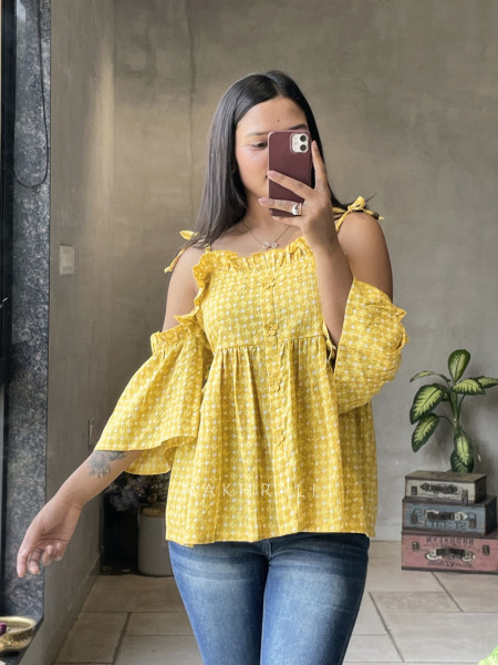 Chic Cascade Yellow Color Printed Short Top with Ruffle Sleeves