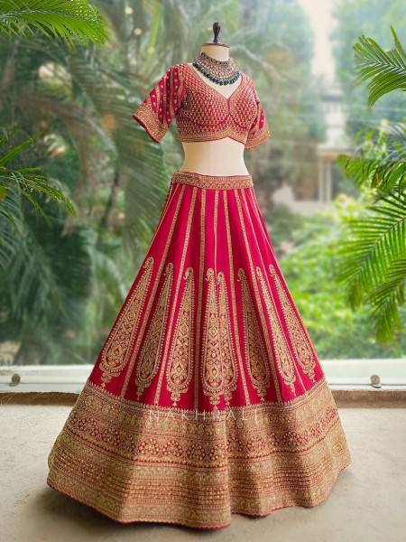 Aarvi Red Raw Silk Bridal Lehenga with Sequin and Zari Work