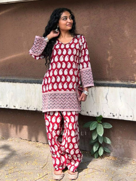 Elvarya Red Cotton Block Print Kurti with Farsi Salwar Set