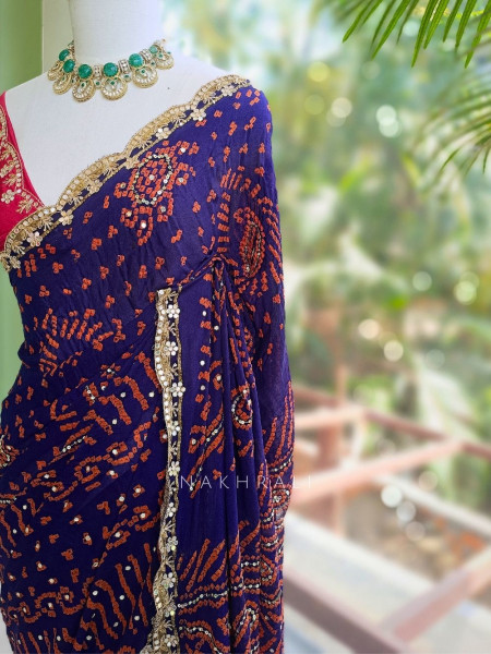 Mehrang Navy Blue Bandhani Saree with Gota Border