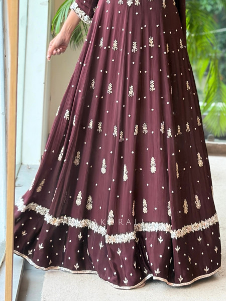 Reem Wine Anarkali Suit Set With Zari Sequin Yoke Work