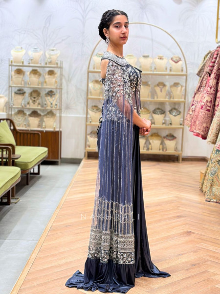 Adorn Blue Indo Western Dhoti Skirt Set with Cut Dana Sequin Work