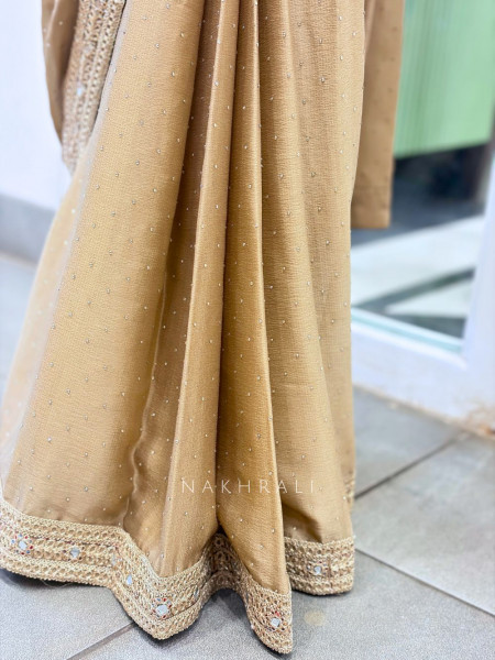 Wryna Beige Drape Saree with Embroidery Mirror Work