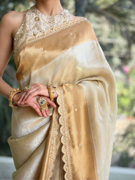 Aarshika Beige Silk Saree with Gota Zari Pallu