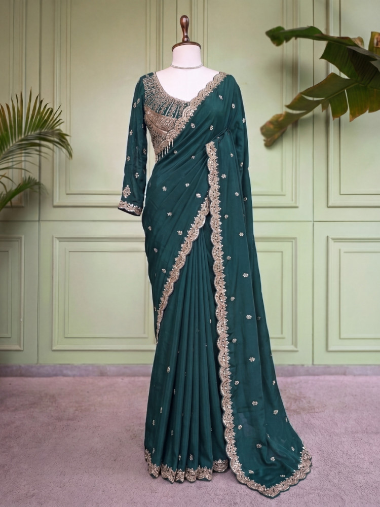 Image of Tavisha Rama Green Saree with Readymade Blouse – Zari Cutwork Border